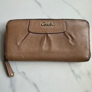 Coach Madison Accordion Zip Wallet Tan Leather Pleated Gold Logo Long Wallet